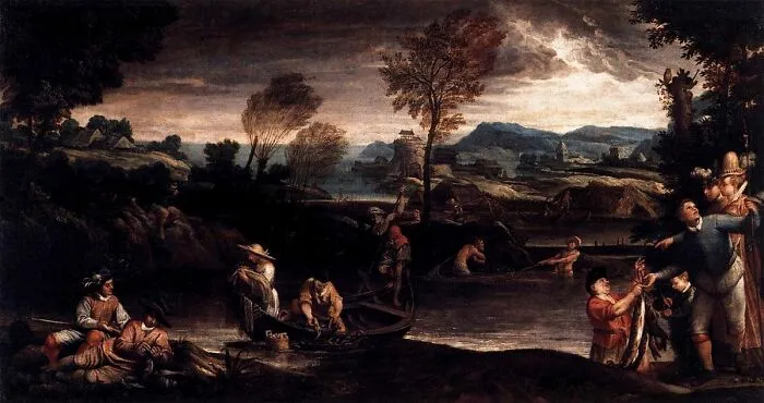 Landscape painting of a serene river scene with figures and trees, created by a world-famous painter.