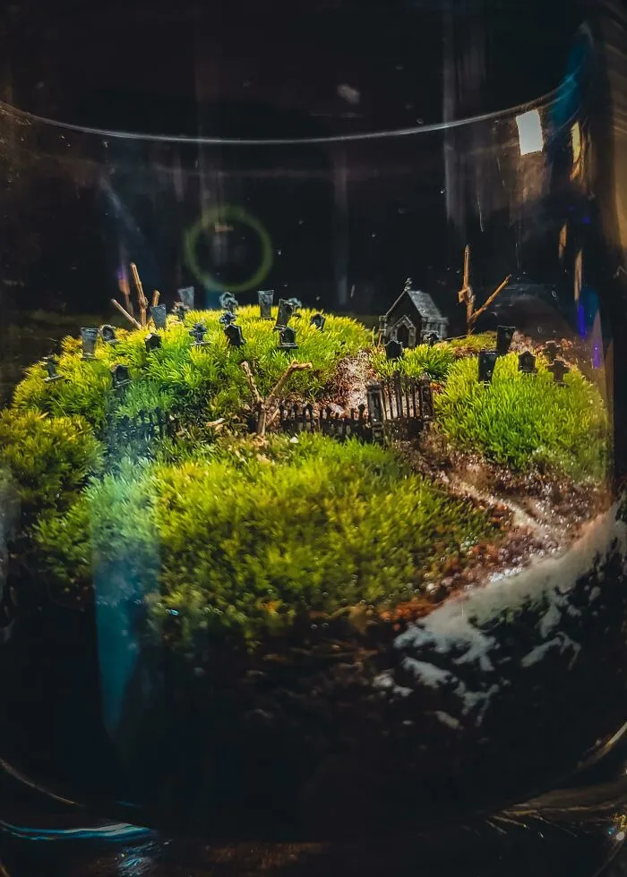 Aquí está una foto de un diminuto (6 pulgadas) cementerio en un terrario que hice para Halloween