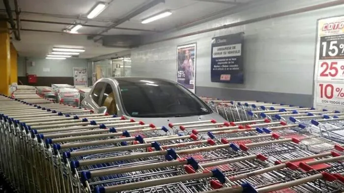 Employees In A Supermarket React To A Customer That Left The Car In The Middle Of The Parking Lot, Blocking The Way