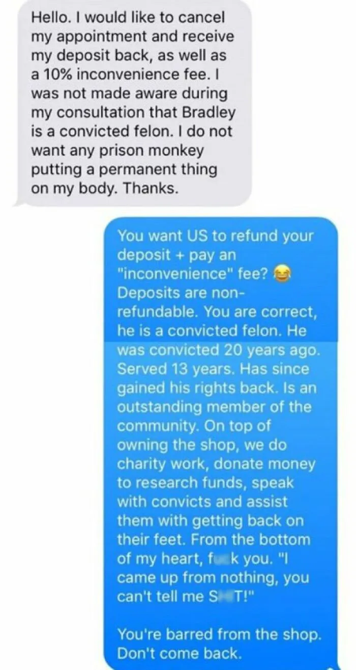Customer Wants A Tattoo Artist To Issue Them An "Inconvenience Fee" For Setting Them Up With An Artist Who Was An Ex-Con