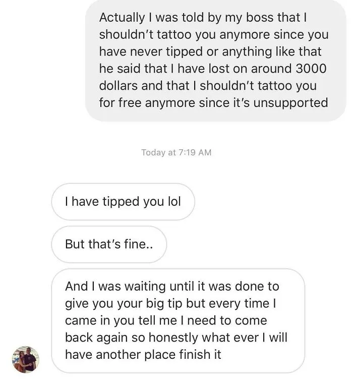 Tattoo artist dealing with difficult customer via text about tipping issues.