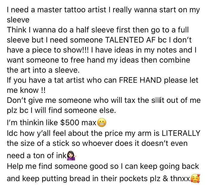 Text conversation highlighting customer challenges faced by tattoo artists.