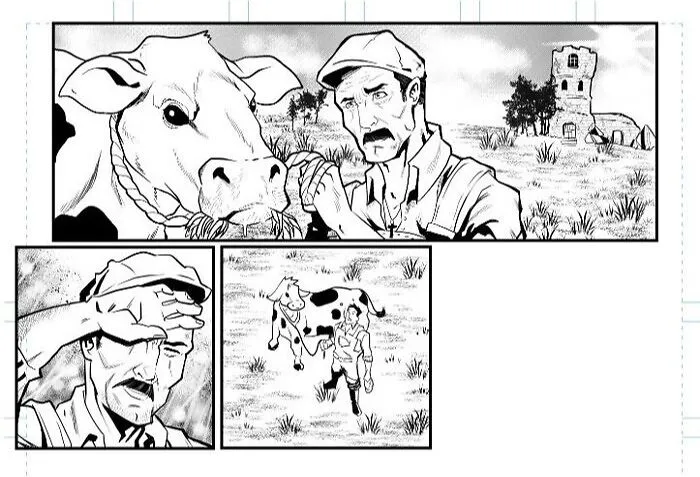 A farmer with a cow in a black and white drawing prompt, showcasing a rural scene with fields and a distant tower.