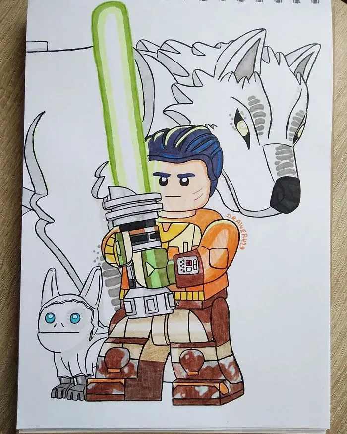 LEGO character with green lightsaber, beside wolf sketch, for drawing prompts inspiration.