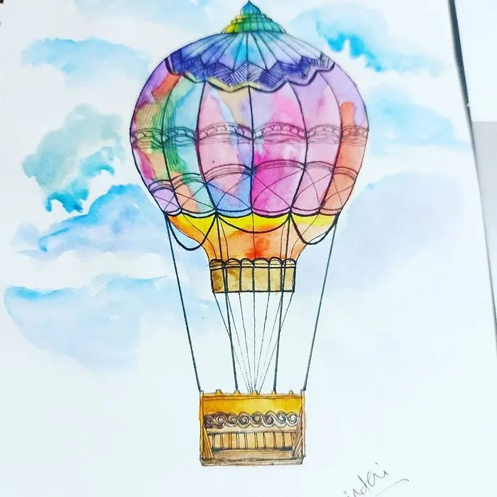 Colorful hot air balloon drawing in the sky, showcasing creative drawing prompts.