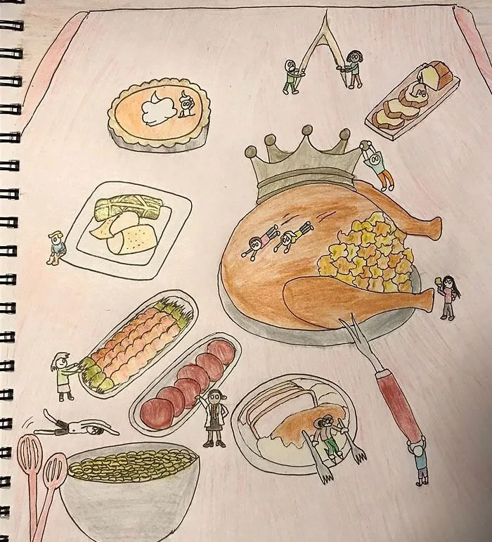 Whimsical drawing of a giant turkey and tiny people, featuring creative drawing prompts for inspiration.