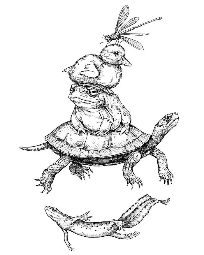 Stacked animal drawing with a turtle, frog, duckling, and dragonfly, perfect for drawing prompts inspiration.