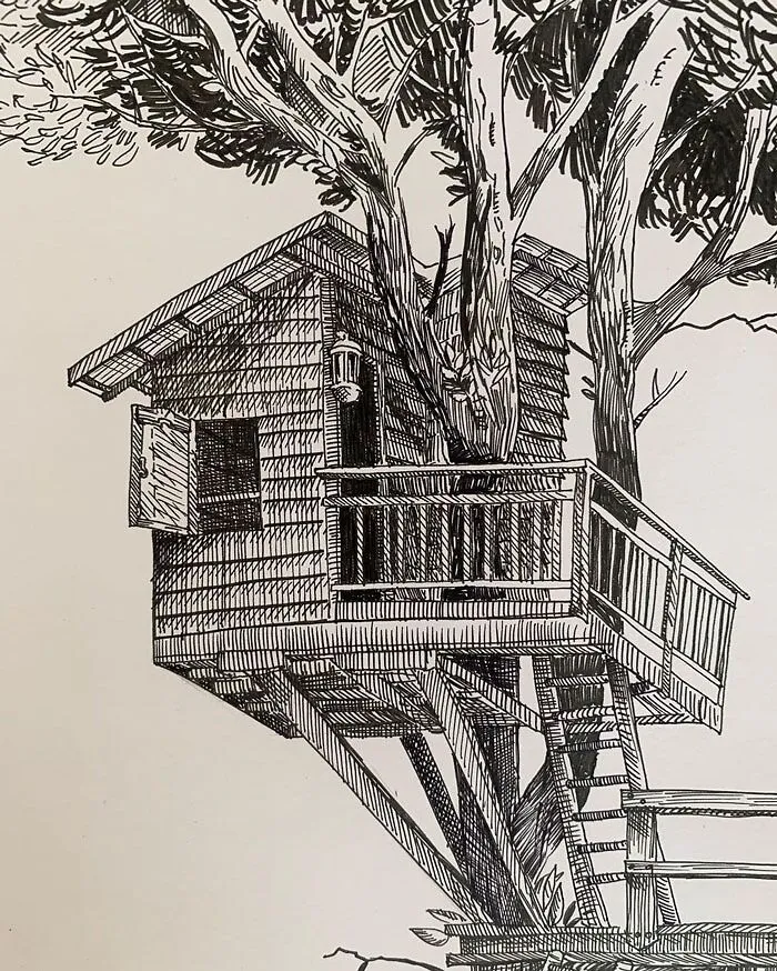 Illustration of a treehouse nestled among branches, showcasing intricate drawing prompts details.