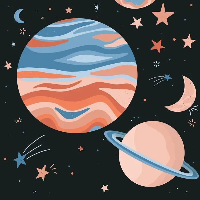 Colorful planets and stars illustration for drawing prompts inspiration.