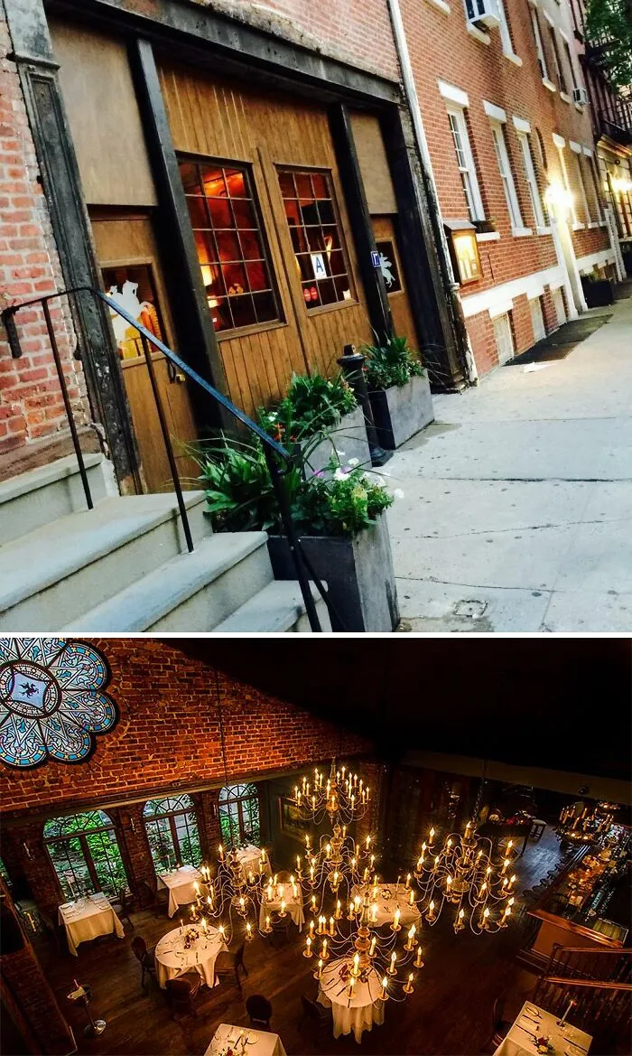 One If By Land wooden door and inside with white tables
