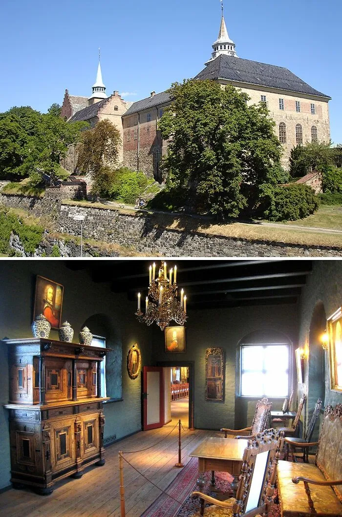 Akershus Fortress and inside with furniture and wooden floor