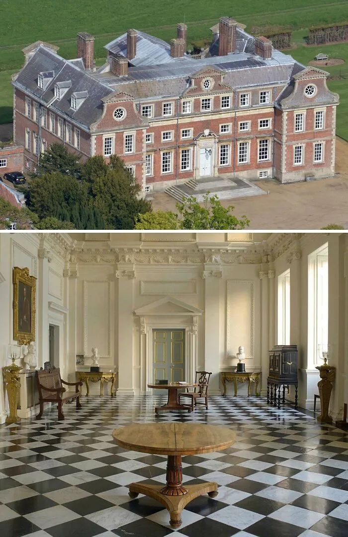 Brown Raynham Hall and luxury inside with furniture and sculptures
