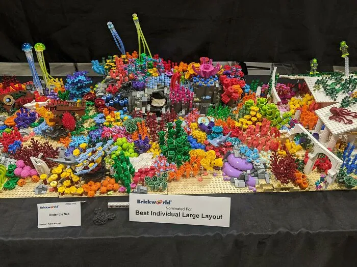 Colorful underwater-themed LEGO builds with coral, sea creatures, and vibrant details showcasing incredible LEGO builds as art.