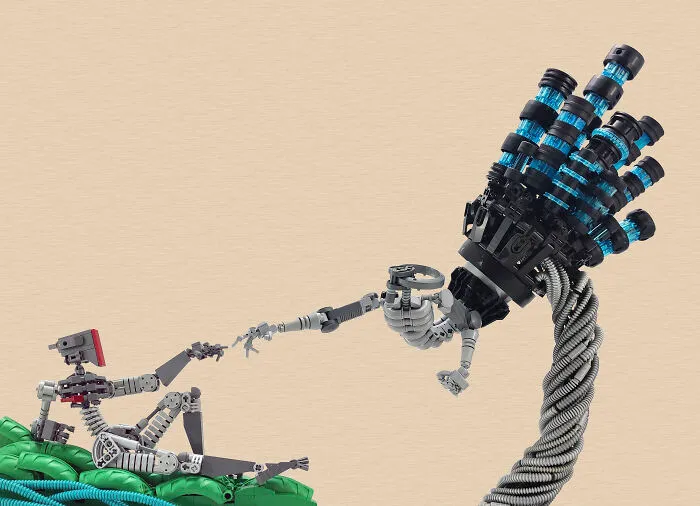 Intricate LEGO builds depicting a robotic figure and mechanical hand reaching out, showcasing incredible LEGO art.