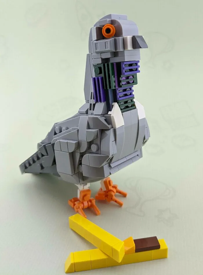 LEGO builds of a detailed pigeon made with gray, orange, and yellow bricks, showcasing incredible LEGO art craftsmanship.