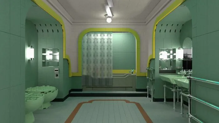 LEGO build of an intricate modern bathroom with green and yellow accents, showcasing incredible LEGO art design details.