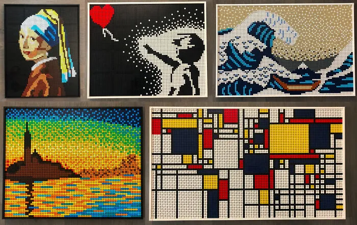 Intricate LEGO builds depicting famous art pieces including Girl with a Pearl Earring and abstract geometric patterns.