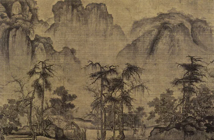 Ancient Chinese landscape painting depicting mountains and trees by a world-famous painter.