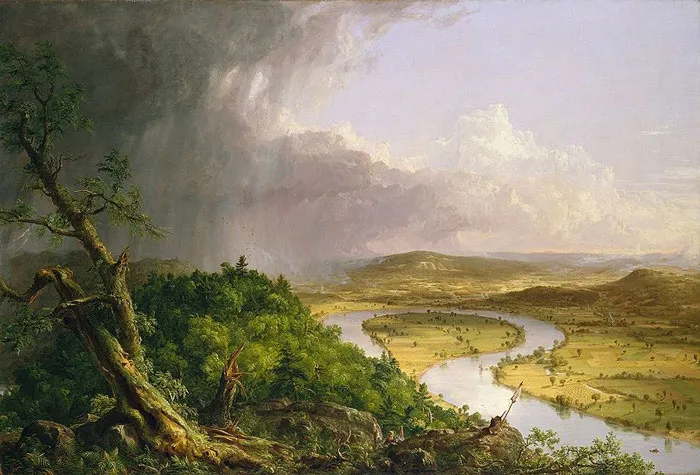 Landscape painting depicting a vivid river scene with dramatic skies and lush greenery by a world-famous painter.