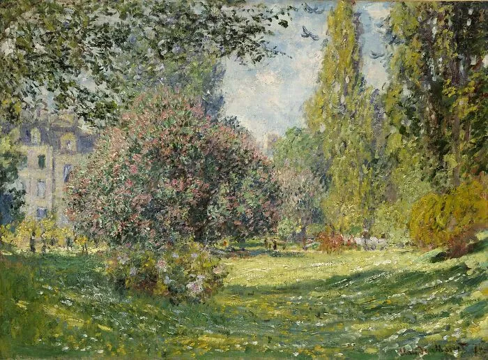 Landscape painting of a lush garden with trees and flowers under a clear sky.