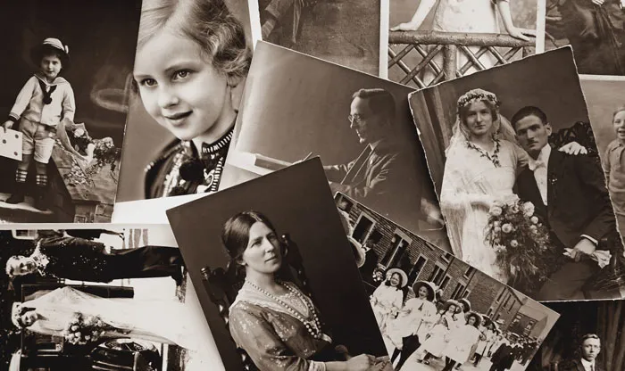 Old family photographs showcasing fun memories at home, including weddings and childhood portraits.