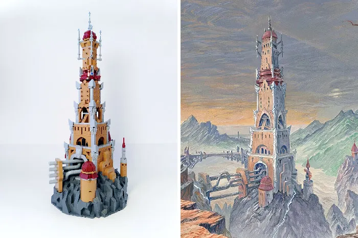 Intricate LEGO builds of a fantasy tower contrasted with a detailed painted landscape background showcasing incredible artistry.