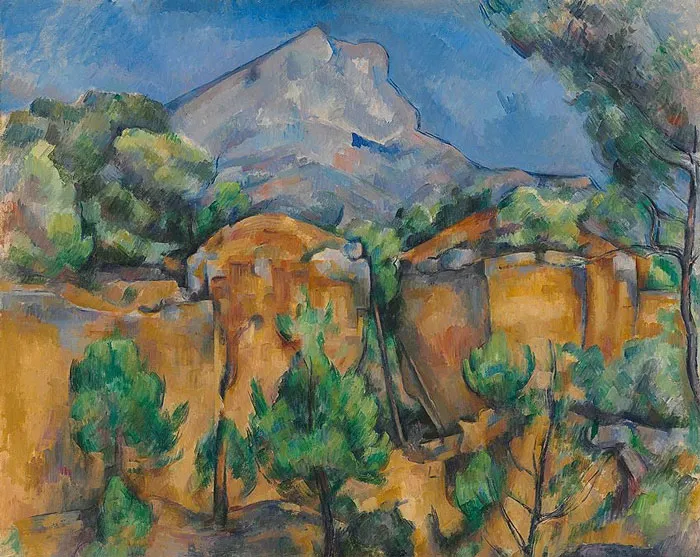 Landscape painting with vibrant colors depicting a mountain and trees by a world-famous painter.
