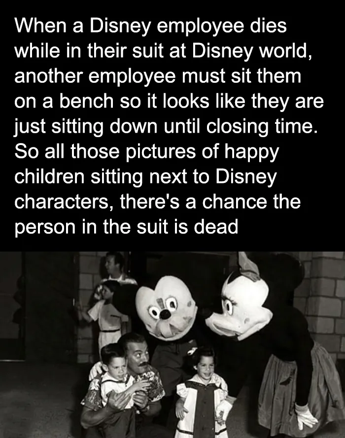Creepy facts about Disney employees in suits at Disney World with children, part of random creepy facts to deprive sleep.