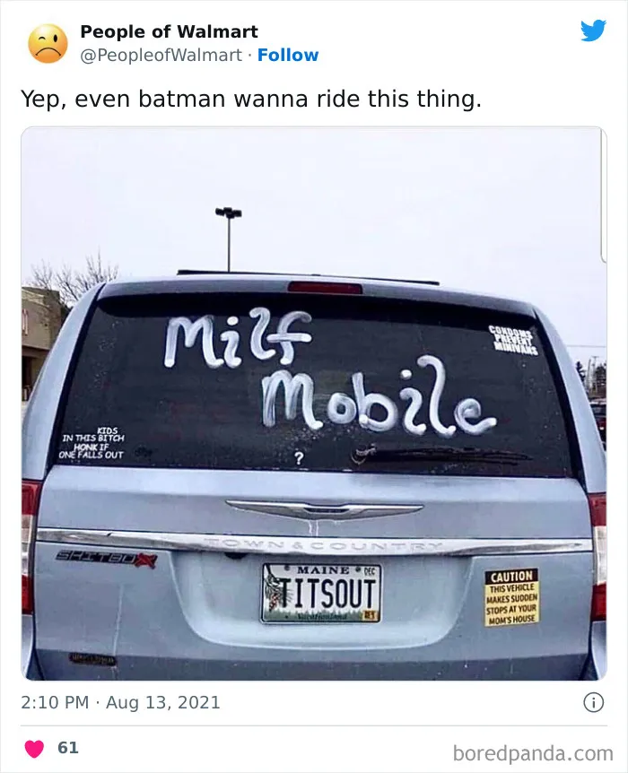 Humorous Walmart parking lot van with playful writing on the rear window.