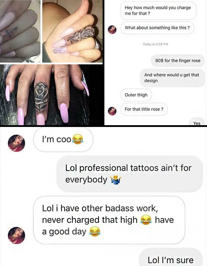Text conversation about tattoo pricing with images of finger rose tattoo, highlighting a challenging customer interaction.