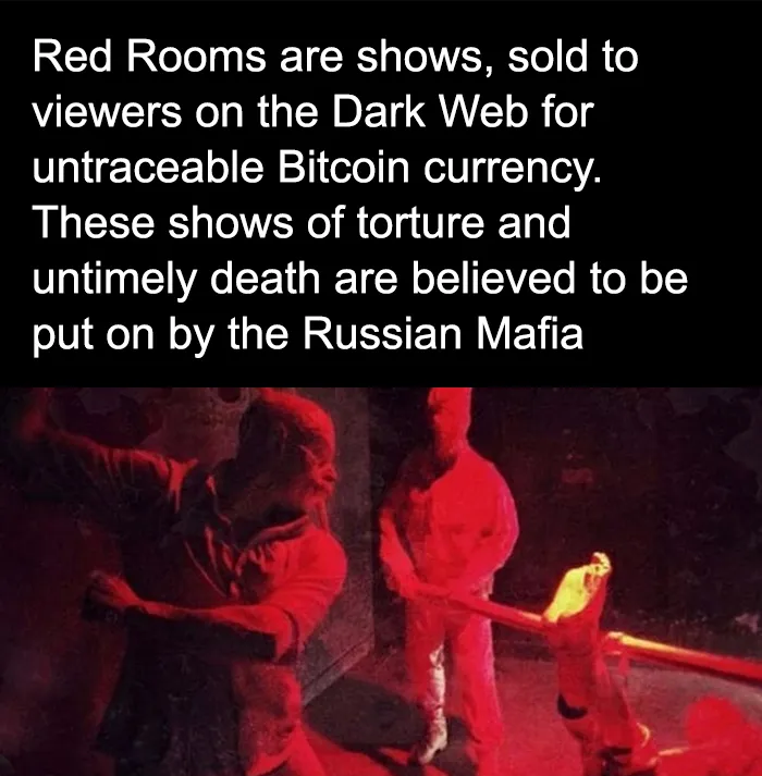 Dark red-lit scene showing torture with text about Red Rooms sold for Bitcoin on the Dark Web, linked to Russian Mafia creepy facts.