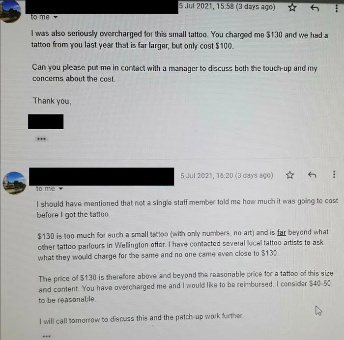 Customer email complaint about a small tattoo overcharge, highlights tattoo artists' challenging clients.