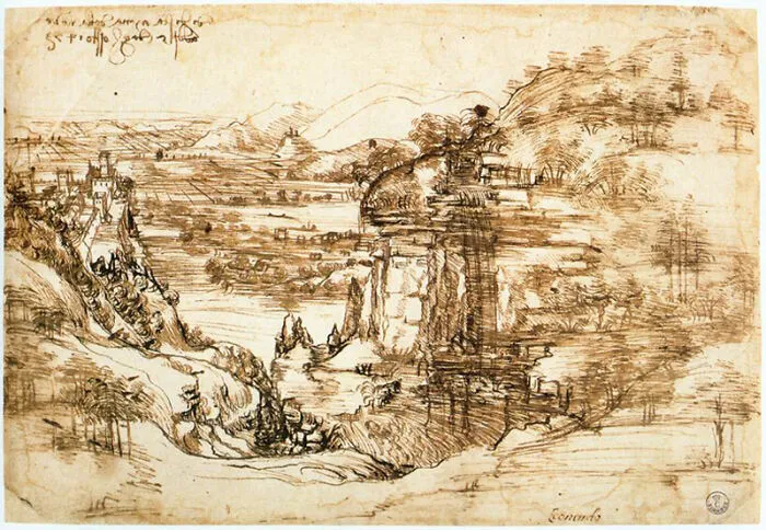 Landscape painting by a world-famous painter, featuring a detailed countryside scene with cliffs and a flowing river.