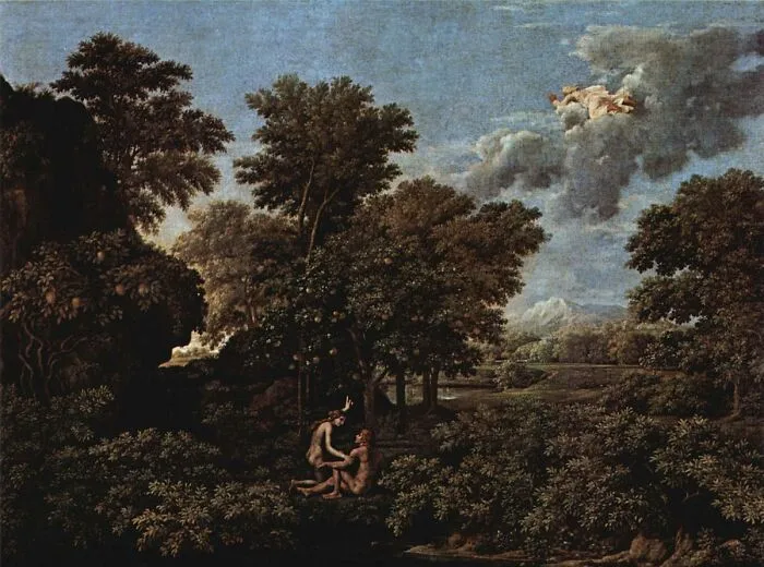 Landscape painting with lush trees and distant figures beneath a cloudy sky.