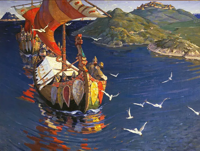 Viking ship on a vibrant sea with distant mountains, depicting landscape art by a world-famous painter.