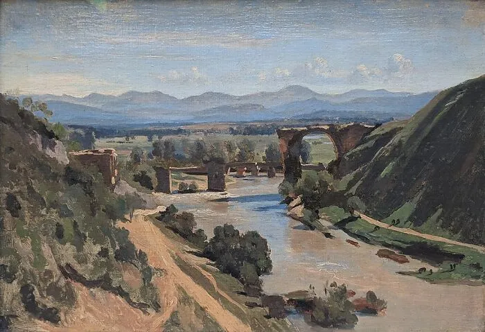 River landscape painting with an old stone bridge, hills, and distant mountains by a world-famous painter.