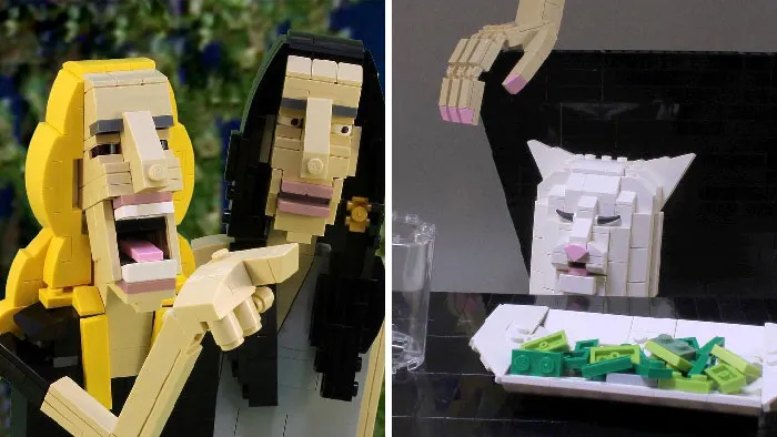 Two detailed LEGO builds showing expressive human faces and a white cat figure with green LEGO pieces on a table.