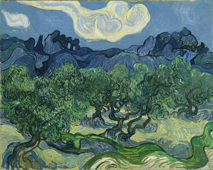 Landscape painting of swirling skies and olive trees by a world-famous painter.