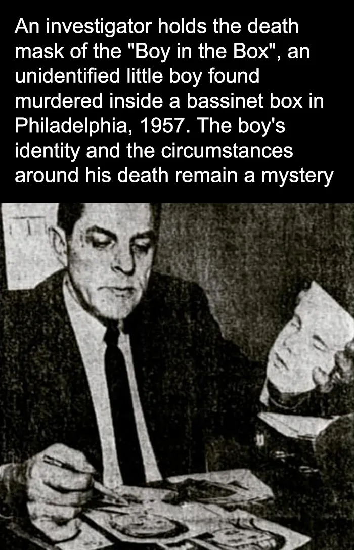 Investigator examining the death mask of the Boy in the Box, a creepy unsolved mystery from 1957 Philadelphia.