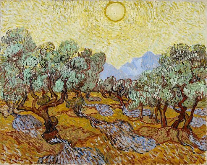 Landscape painting depicting a sunlit olive grove with swirling brushstrokes, by a world-famous painter.