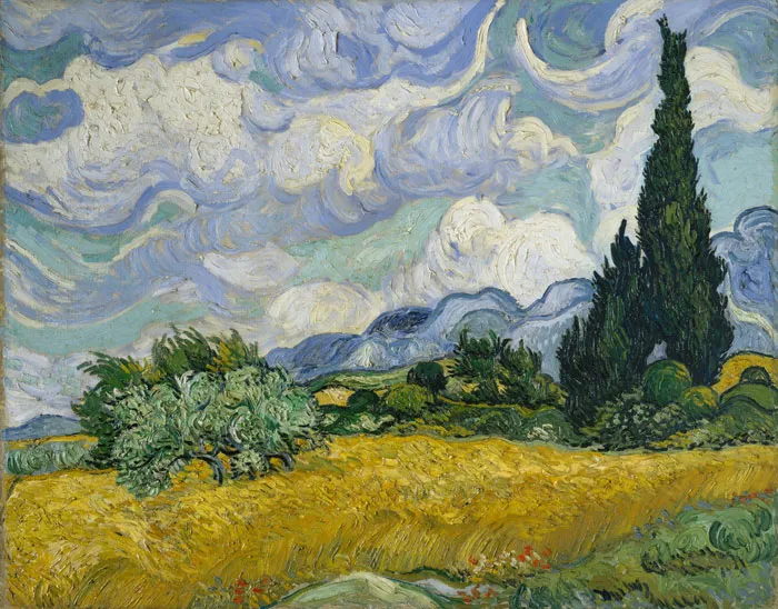 Landscape painting with swirling clouds, vibrant fields, and tall cypress trees, showcasing a world-famous painter's style.