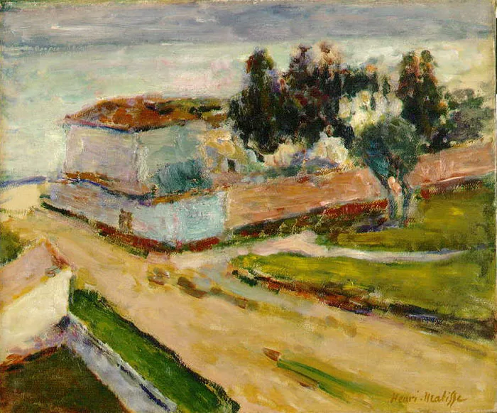 Landscape painting with trees and a building from a world-famous painter, showcasing vivid nature and architecture.