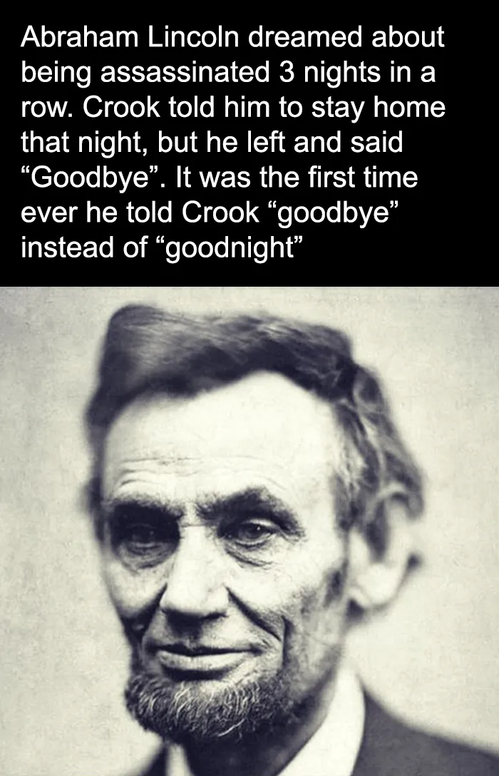 Black and white portrait of Abraham Lincoln with a creepy fact about his assassination dream and farewell goodbye.