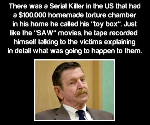 Image showing a creepy fact about a US serial killer with a homemade torture chamber and a photo of the man.