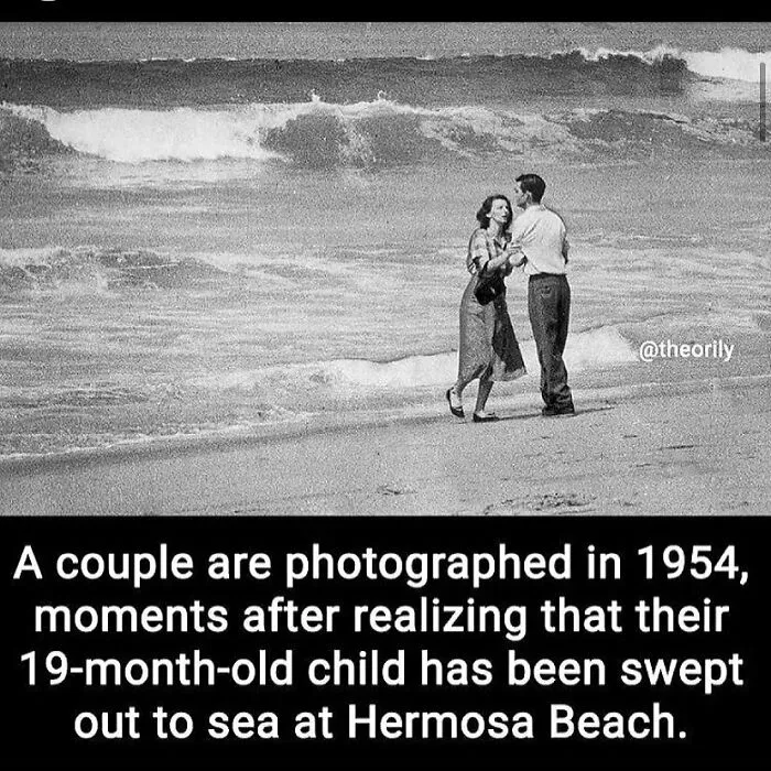 Couple on beach in 1954 realizing their child was swept out to sea, a haunting moment in creepy facts and pictures.