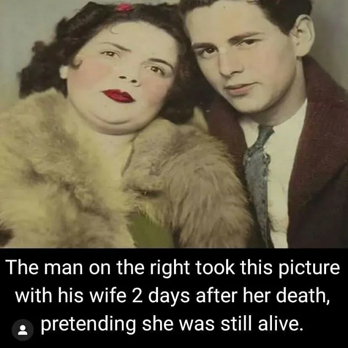 Man posing with his deceased wife in a creepy vintage photo, a haunting example of eerie death-related images.