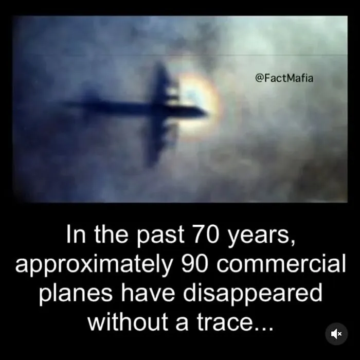 Blurry shadow of a plane flying through cloudy sky with creepy fact about missing commercial planes over 70 years.