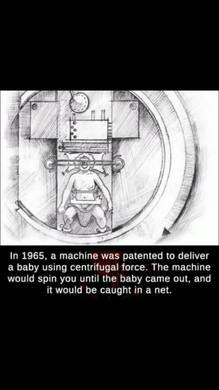 Sketch of a creepy machine designed to deliver babies using centrifugal force, featured in random creepy facts and pictures.