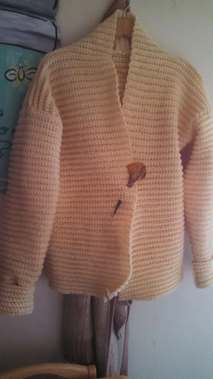 My Irish Wool Crochet Jacket With Carved Ox Horn Hook For Closure