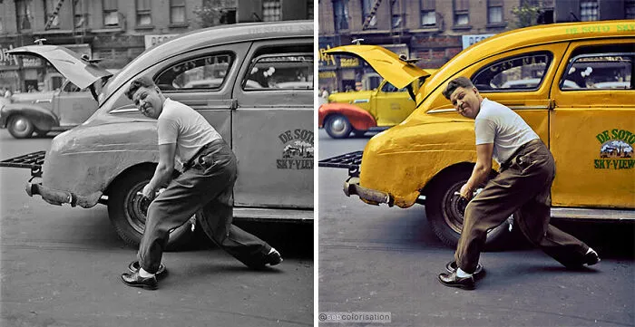 Hombre cambiando una rueda, Nueva York, fotografiado en 1946 por Stanley Kubrick